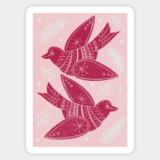 Pink Christmas Turtle Doves with holly and foliage Linoprint repeat pattern Sticker